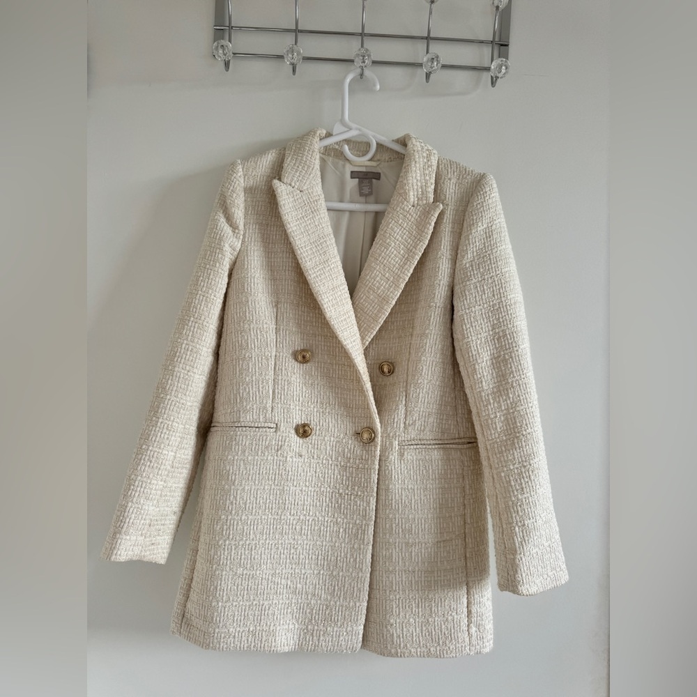 H&M Cream Textured Double-Breasted Blazer